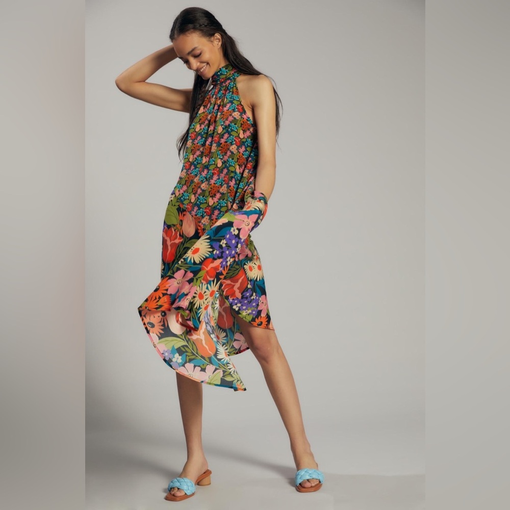 By Anthropologie Silk Halter Floral Midi Dress